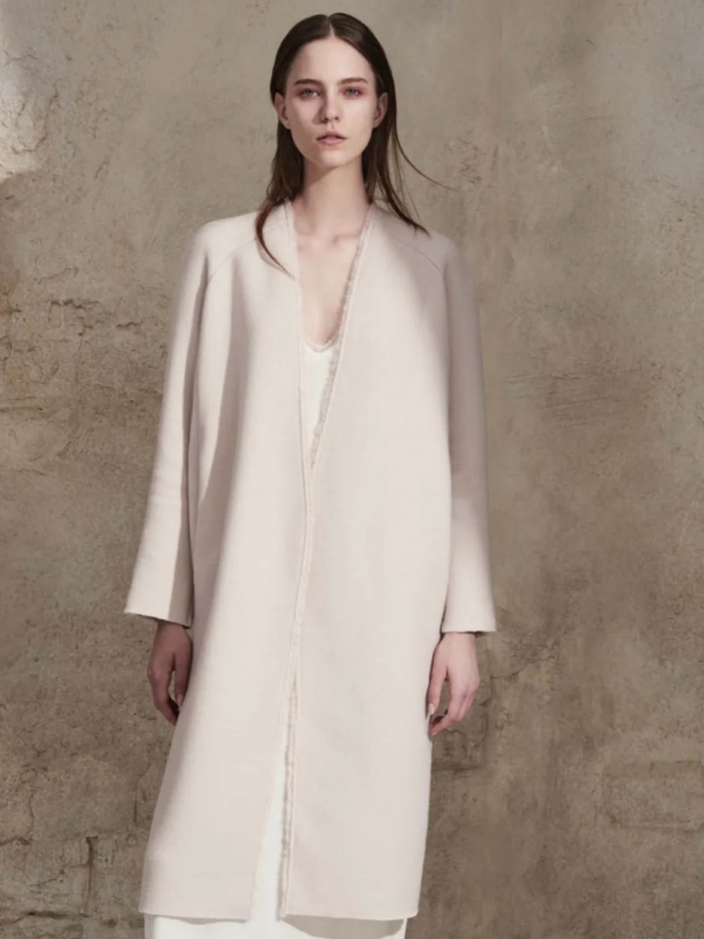 Women's Cream Long Open Front Robe Coat